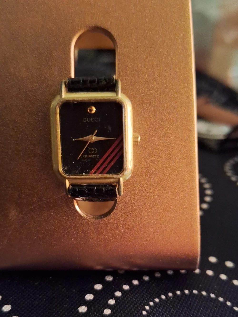 Gucci Black Dial Gold-Tone Rectangular Women's Watch with Red Stripe